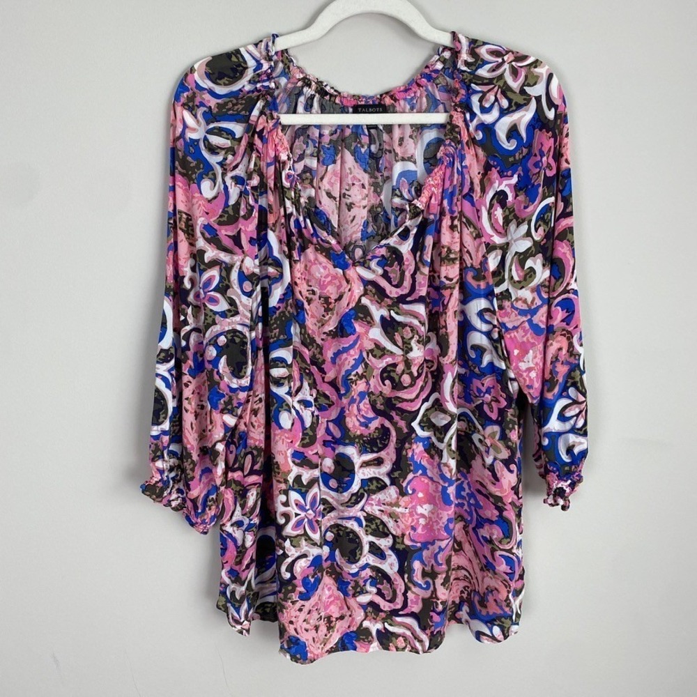 Talbots Abstract Floral Animal Print Peasant Blouse Womens XL 3/4 Sleeve Spring
